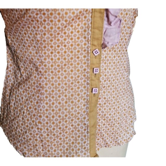 Cute ruffled Penguin pink and tan geometric print button down cotton shirt top - Picture 4 of 11